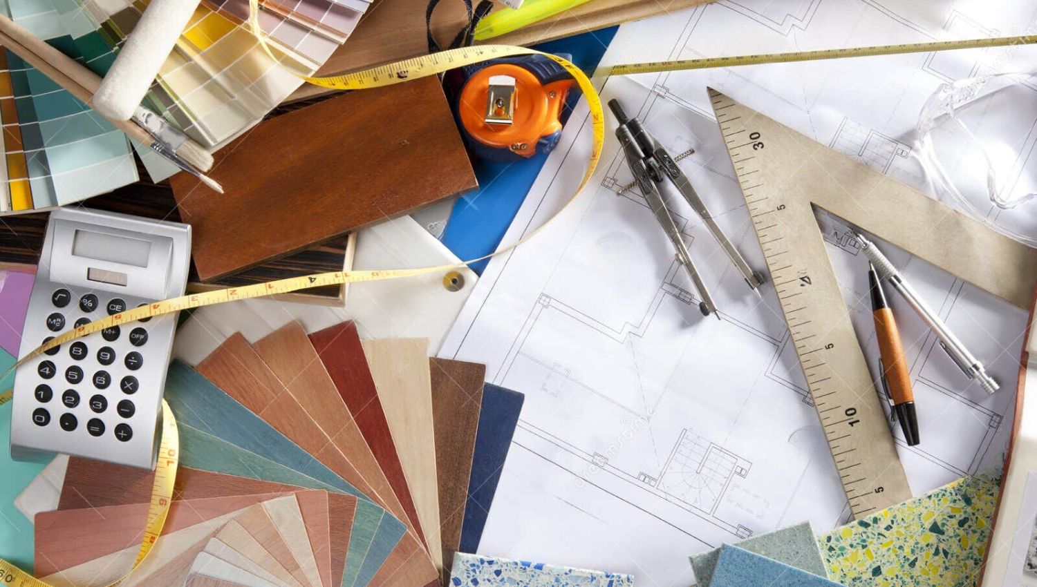 scattered office supplies